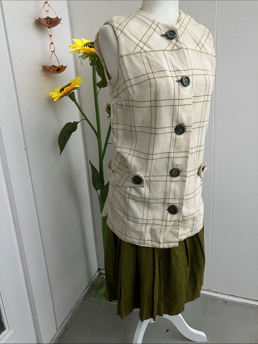 Vintage 60s Mod Green Pleated Skirt Cream Button Up Tunic Skirt Set AS IS